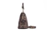 Cobra Snake Print Bucket Bag-Brown (2) Side view of brown Cobra Snake Print bucket bag showing structured shape, snakeskin texture, top handle, zip closure and tassel detail