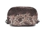 Cobra Snake Print Bucket Bag-Brown (3) Bottom view of brown Cobra Snake Print bucket bag showing glossy snakeskin pattern and structured oval base