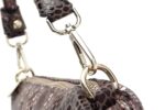 Cobra Snake Print Bucket Bag-Brown (5) Close-up of brown Cobra Snake Print bucket bag showing detachable top handle clasp, gold tone ring and snakeskin texture
