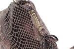 Cobra Snake Print Bucket Bag-Brown (6) Close-up of brown Cobra Snake Print bucket bag with gold tone zip hardware, decorative side tassel and glossy snakeskin finish