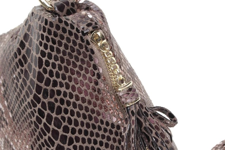 Close-up of brown Cobra Snake Print bucket bag with gold tone zip hardware, decorative side tassel and glossy snakeskin finish