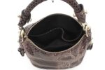 Cobra Snake Print Bucket Bag-Brown (8) Open brown Cobra Snake Print bucket bag showing black lined interior, internal compartments, zip pocket and top zip closure