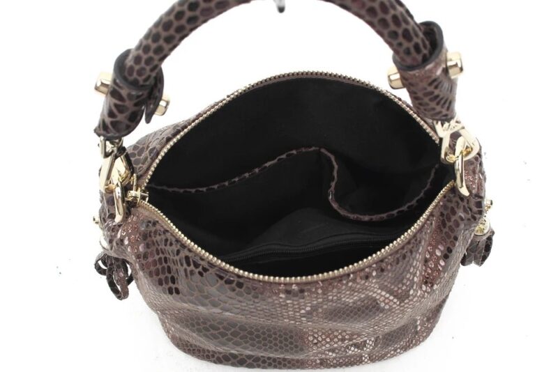 Open brown Cobra Snake Print bucket bag showing black lined interior, internal compartments, zip pocket and top zip closure