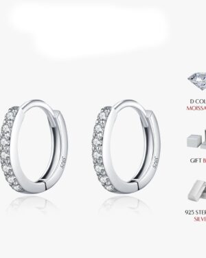 Colette pavé moissanite huggie earrings in 925 sterling silver with D color round stones and hinged hoop closures.