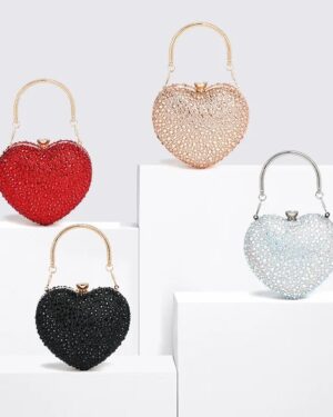 Rhinestone heart clutch bags in red, champagne, black and silver AB with sparkling crystals and metal top handles