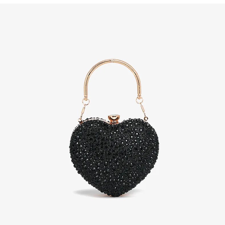 Front view of black rhinestone heart clutch bag with sparkling crystal embellishments and gold top handle