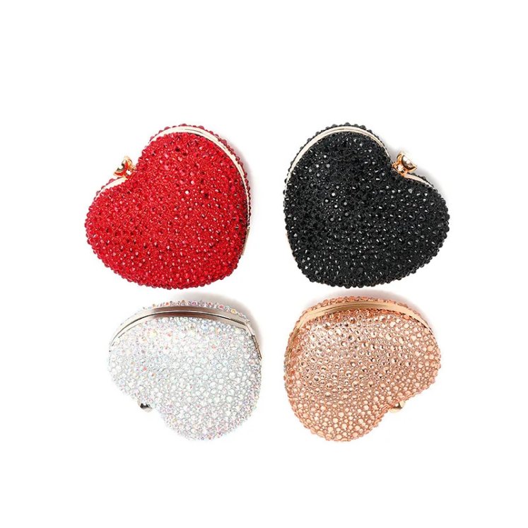 Red, black, silver AB and champagne rhinestone heart clutch bags with sparkling crystal embellished surfaces