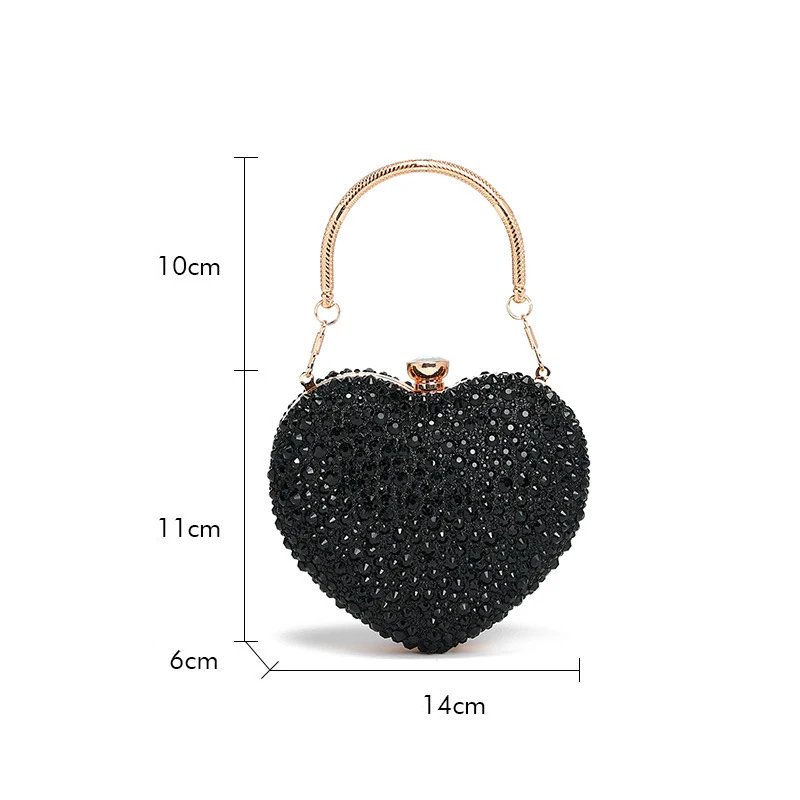 Black rhinestone heart clutch bag size guide showing 14 cm width, 11 cm height, 6 cm depth and 10 cm handle