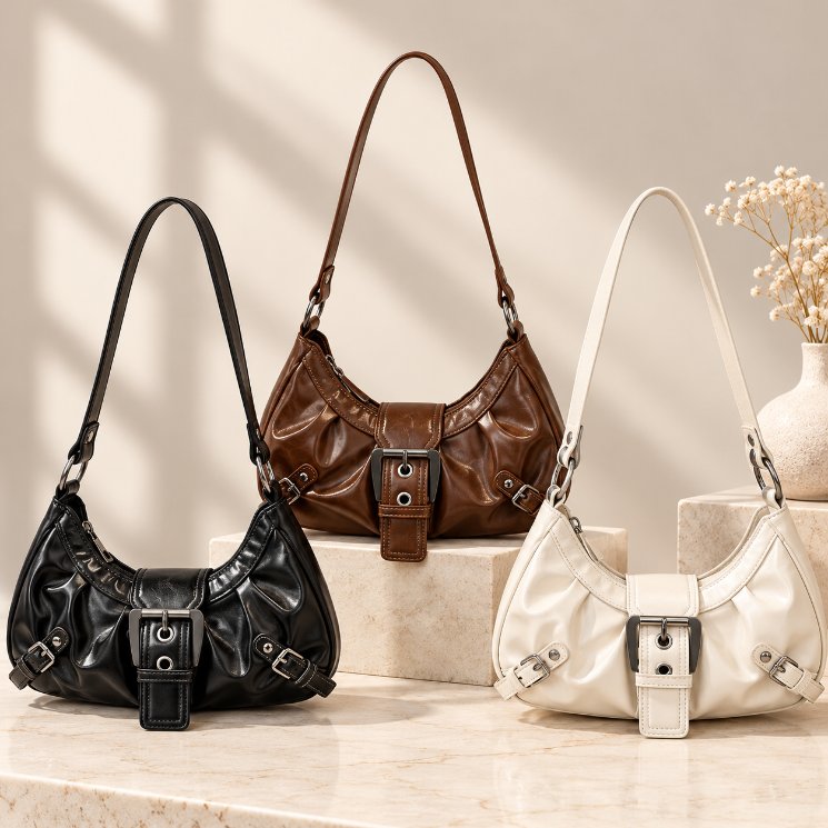 Dalton Retro Buckle Shoulder Bag collection in black, brown and white with curved shape, long shoulder straps and vintage buckle details