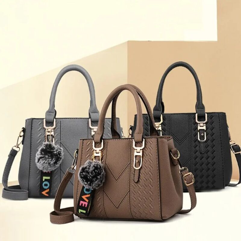 Darling Pom Pom handbags in gray, taupe and black featuring woven panels, double handles and detachable shoulder straps