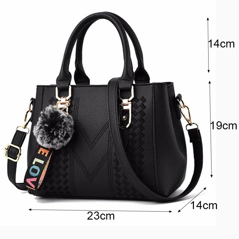 Black Darling Pom Pom handbag size guide showing 23 cm width, 19 cm height, 14 cm depth and 14 cm handle drop