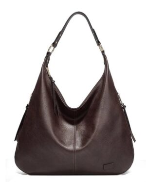 Delaney Large Hobo Bag in dark coffee brown with slouchy leather-look design, single shoulder strap and gold-tone hardware, with three color options shown