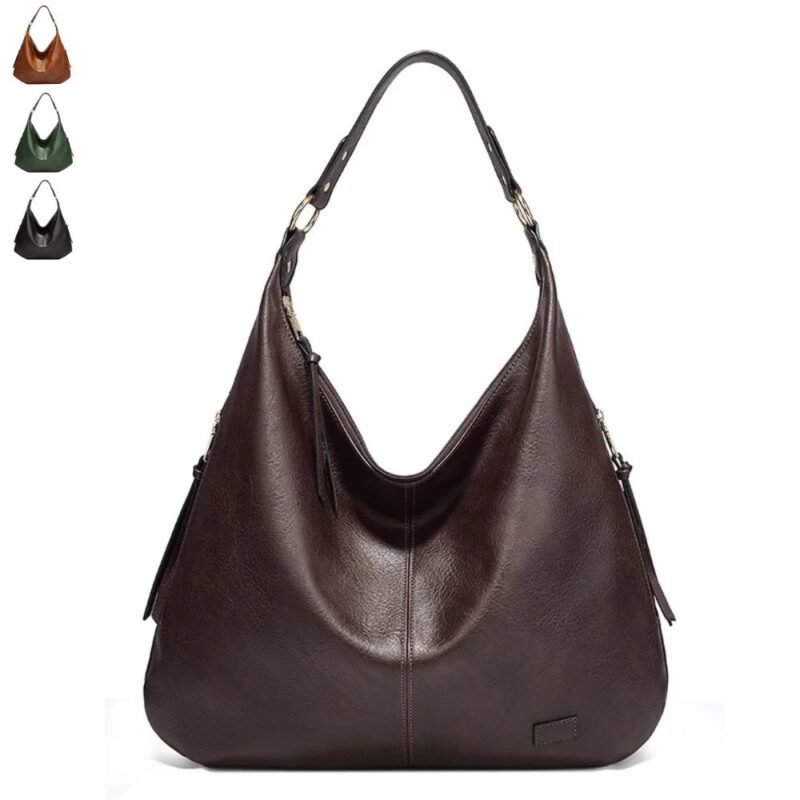 Delaney Large Hobo Bag Delaney Large Hobo Bag in dark coffee brown with slouchy leather-look design, single shoulder strap and gold-tone hardware, with three color options shown