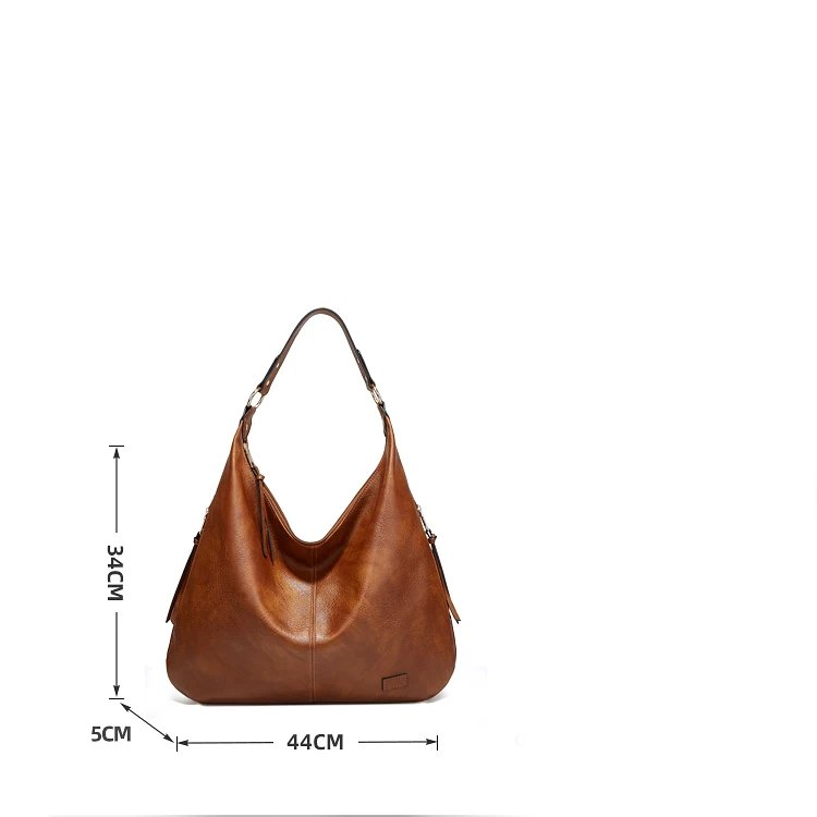 Brown Delaney Large Hobo Bag size guide showing approximate dimensions of 44 cm width, 34 cm height and 5 cm depth