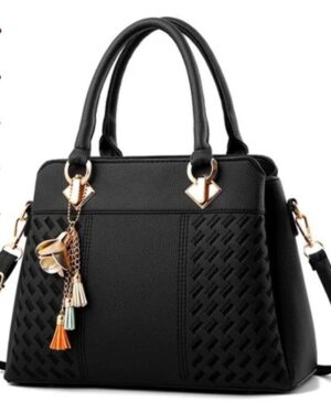 Black Delphine Tassel Charm handbag with textured woven panels, double top handles, detachable shoulder strap and decorative tassel charm