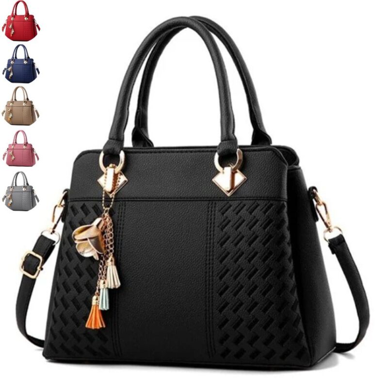 Delphine Tassel Charm Handbag Black Delphine Tassel Charm handbag with textured woven panels, double top handles, detachable shoulder strap and decorative tassel charm