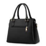 Delphine Tassel Charm Handbag-black (3) Back view of black Delphine Tassel Charm handbag with double top handles, textured finish and exterior zip pocket