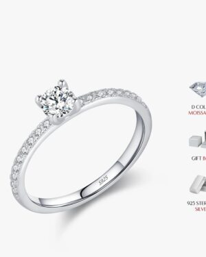 Elara moissanite solitaire ring in 925 sterling silver with a round D color center stone and sparkling pavé-set band.