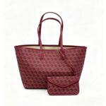Burgundy Ellery Geometric Print Tote Bag displayed with matching envelope pouch, long shoulder handles and decorative geometric print