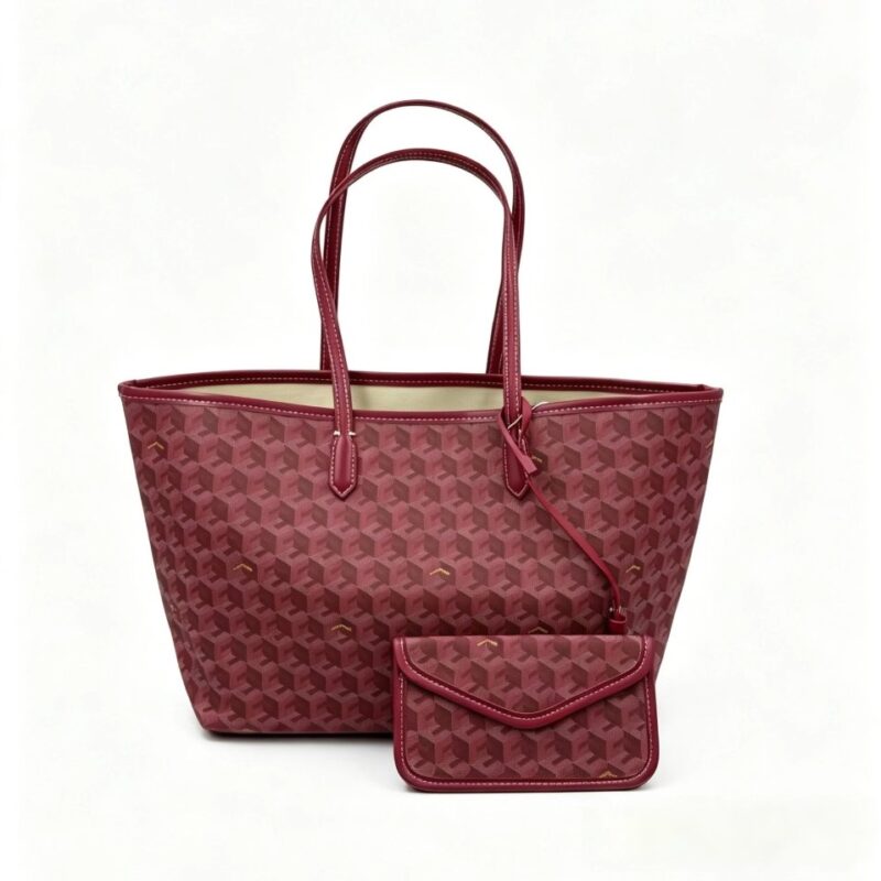 Burgundy Ellery Geometric Print Tote Bag displayed with matching envelope pouch, long shoulder handles and decorative geometric print