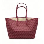 Front view of burgundy Ellery Geometric Print Tote Bag featuring long double shoulder straps, open top and allover geometric pattern