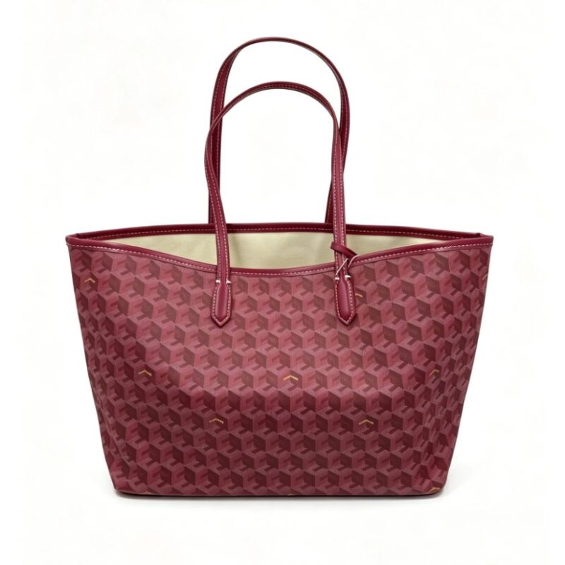 Front view of burgundy Ellery Geometric Print Tote Bag featuring long double shoulder straps, open top and allover geometric pattern