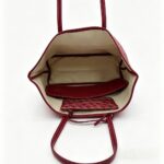 Interior view of burgundy Ellery Geometric Print Tote Bag showing spacious cream-lined compartment, inner pocket and matching pouch