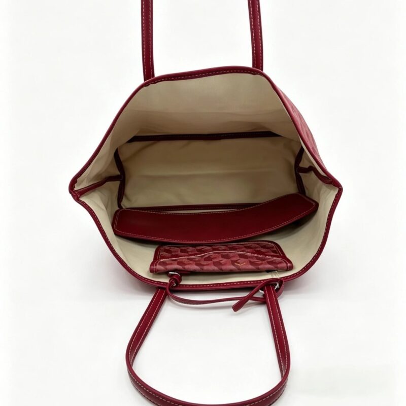 Interior view of burgundy Ellery Geometric Print Tote Bag showing spacious cream-lined compartment, inner pocket and matching pouch