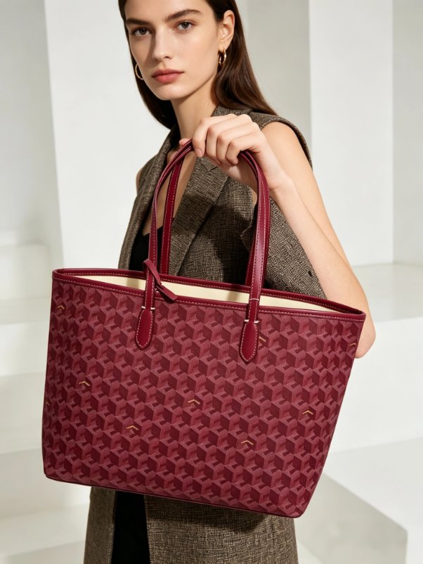 Woman holding burgundy Ellery Geometric Print Tote Bag with double shoulder handles and repeating geometric design, styled with a tailored vest