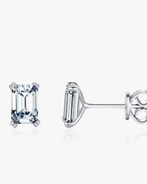 Emeline emerald cut CZ stud earrings with clear rectangular stones, four prong 925 sterling silver settings, and butterfly backs.