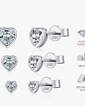 Evangeline heart moissanite stud earrings in 925 sterling silver with D colour brilliant cut stones