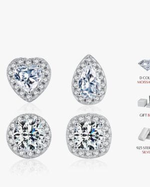 Genevieve moissanite halo stud earrings in heart, pear, round and cushion shapes, set in 925 sterling silver with sparkling halo stones.