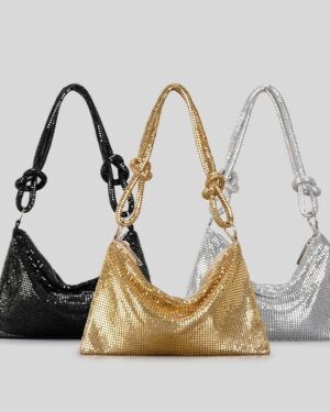 Metallic mesh evening bags for women in black, gold and silver with sparkling finish, knotted shoulder straps and slouchy design