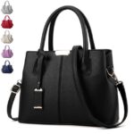 Black textured top handle satchel bag with detachable shoulder strap, silver-tone hardware and structured design
