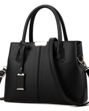 Black textured top handle satchel bag with detachable shoulder strap, silver-tone hardware and structured design