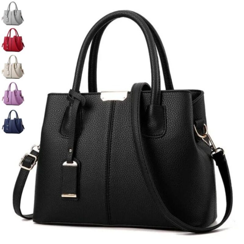 Black textured top handle satchel bag with detachable shoulder strap, silver-tone hardware and structured design