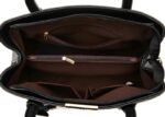 Open black top handle satchel bag showing lined interior with zippered divider and multiple storage pockets