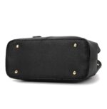 Bottom view of black textured satchel handbag with structured base and four protective metal feet