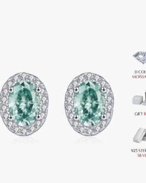 Hazel green oval moissanite halo stud earrings in 925 sterling silver with sparkling cubic zirconia accents and gift box