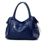Back view of blue Linden soft hobo satchel bag showing exterior zip pocket and double handles