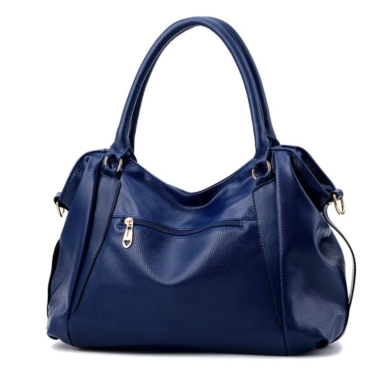Back view of blue Linden soft hobo satchel bag showing exterior zip pocket and double handles