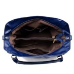 Interior view of blue Linden soft hobo satchel bag showing spacious lined compartments, zip divider and storage pockets