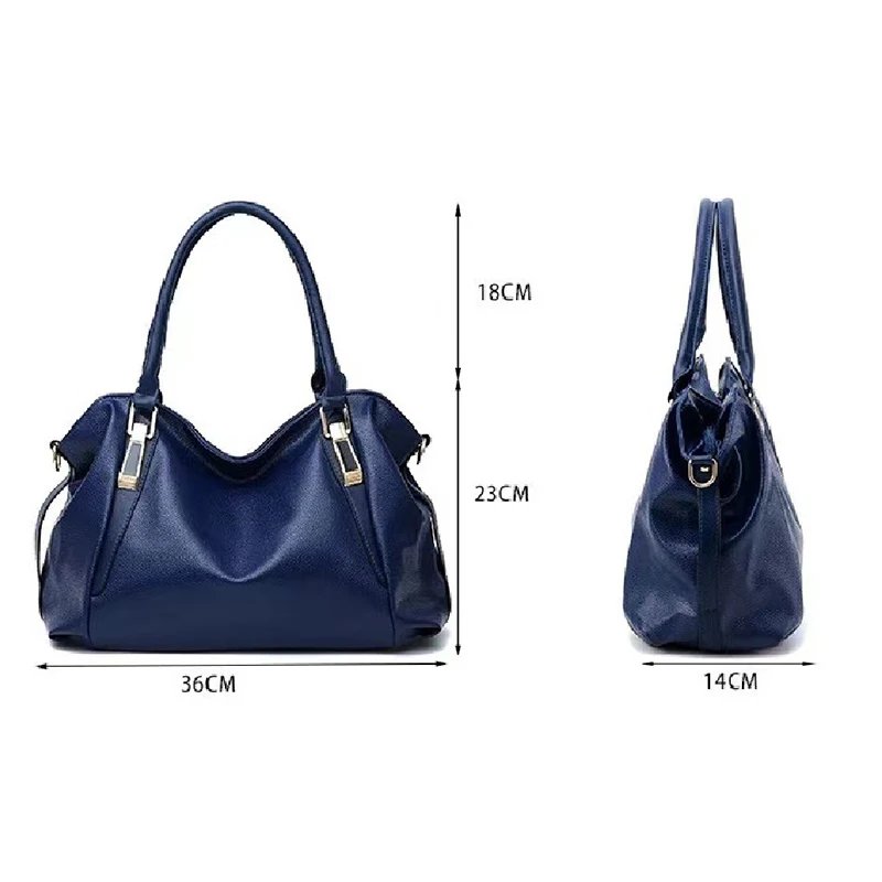 Blue Linden soft hobo satchel bag size guide showing 36 cm width, 23 cm height, 14 cm depth and 18 cm handle drop