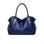 Front view of blue Linden soft hobo satchel handbag with double handles, soft slouchy shape and gold tone hardware