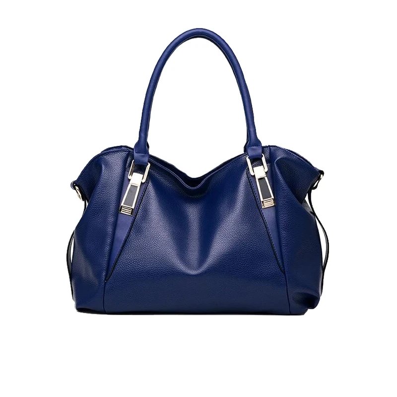 Front view of blue Linden soft hobo satchel handbag with double handles, soft slouchy shape and gold tone hardware