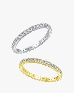 Lumière eternity ring in silver and gold finishes with a continuous row of sparkling round crystal stones and slim 925 sterling silver band.