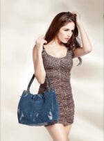 Mamba Snake Embossed Hobo Bag (4) Blue snake embossed hobo shoulder bag for women modeled with double black handles, glossy textured finish, and roomy silhouette