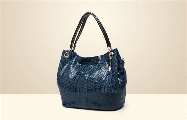 Blue snake embossed women’s hobo bag with double black shoulder handles, textured finish, tassel charm, and gold tone hardware