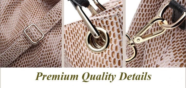 Close-up of beige snake embossed hobo bag showing adjustable shoulder strap, metal eyelets, clasp, and gold tone hardware