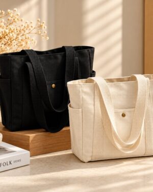 Home - Fashion Trendy Shop Maren Canvas Tote Bag collection in black and beige with long shoulder straps, multiple exterior pockets and durable canvas fabric